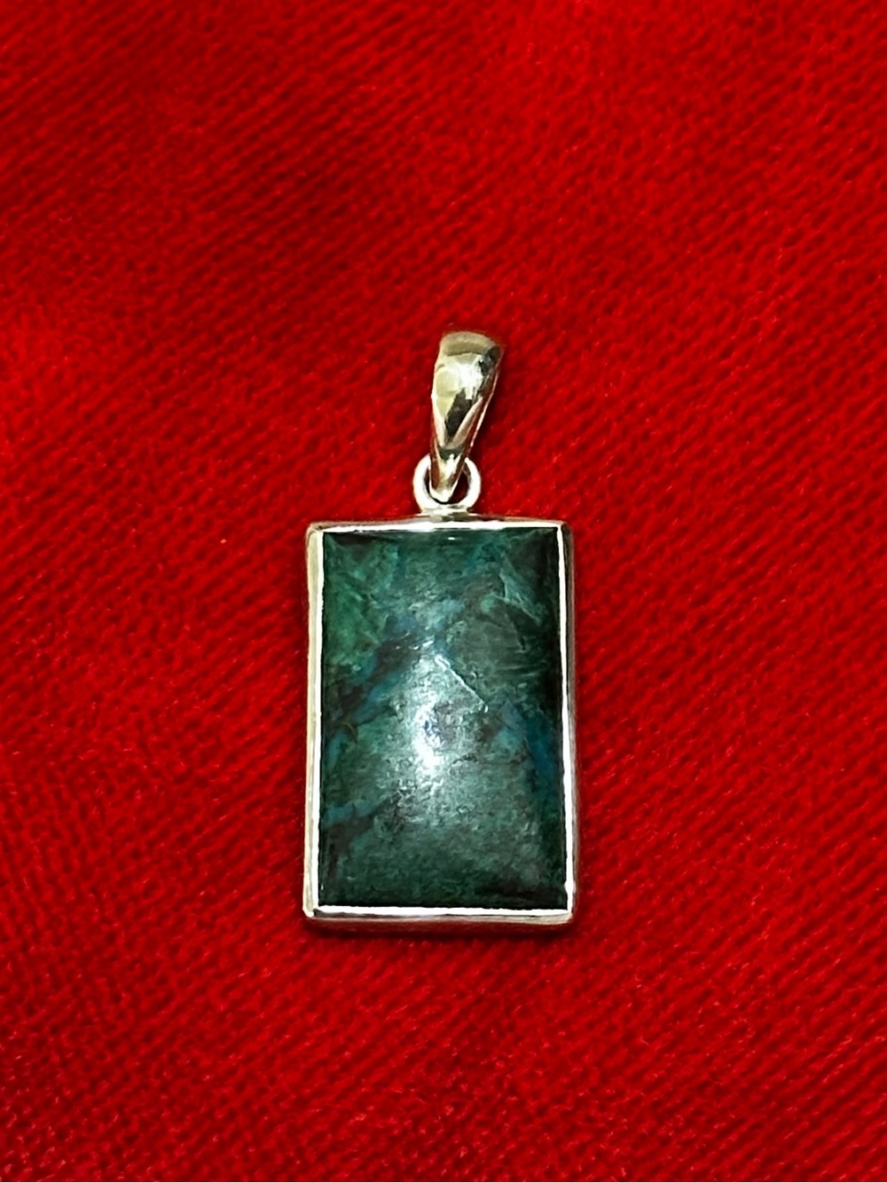 Handcrafted sterling silver pendant- rectangular green and blue gemstone.
